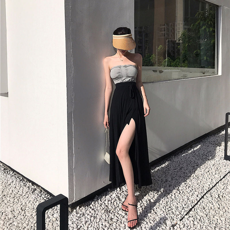 vmtvr fashion outfits Sexy Split High Waist A- line Skirt Mid-Length Online Celebrity Ins Skirt Women's Summer New One-Piece Fairy Skirt