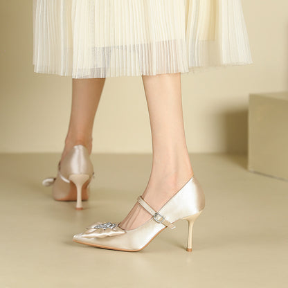 2025 811-B5 Love rhinestone bow single shoes women's one-word pointed stiletto high heels women's suede high heels women's shoes