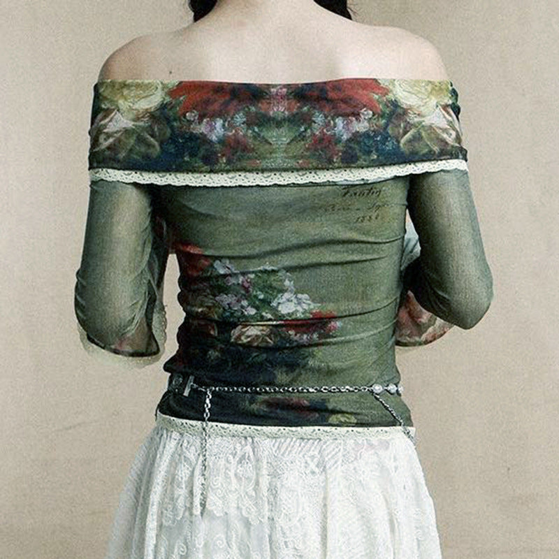 vmtvr grunge dti American Retro Oil Painting Printing Online off-Neck Long-Sleeved Shirt Women's Slim Fit Slimming Summer New