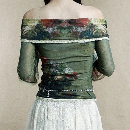 vmtvr grunge dti American Retro Oil Painting Printing Online off-Neck Long-Sleeved Shirt Women's Slim Fit Slimming Summer New