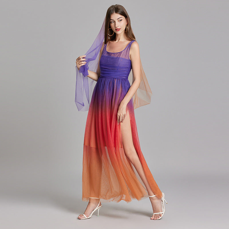 Real shot, summer new 9 meters double mesh yarn gradual change tube top vest slim high waist skirt, headscarf