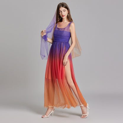 Real shot, summer new 9 meters double mesh yarn gradual change tube top vest slim high waist skirt, headscarf