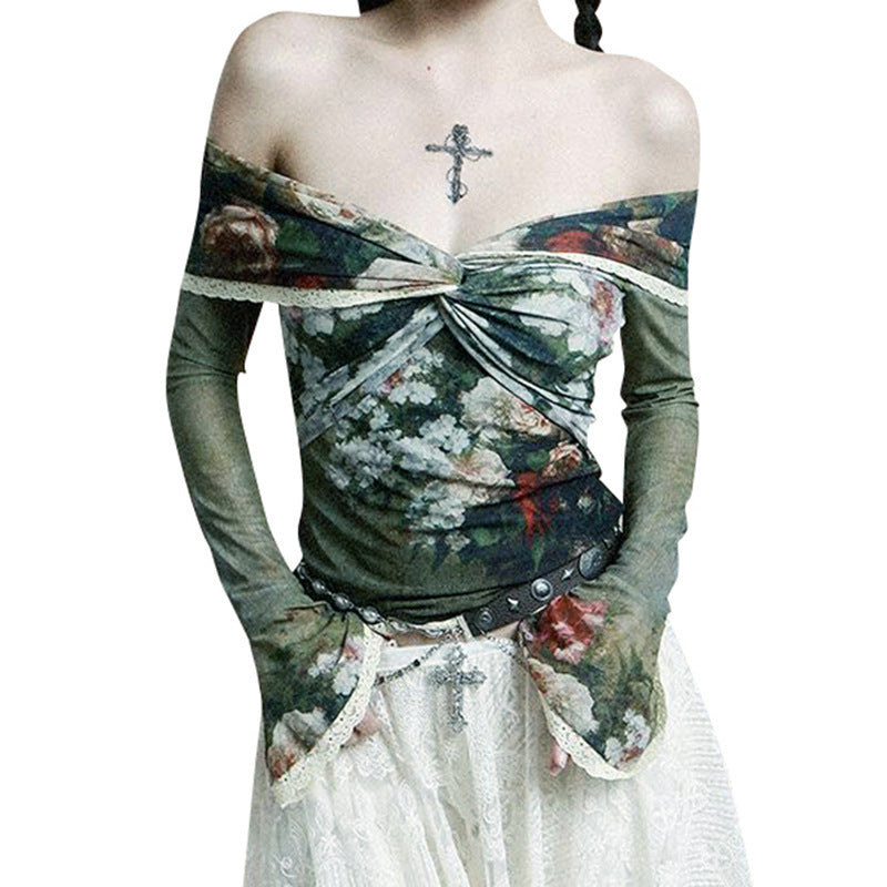 vmtvr grunge dti American Retro Oil Painting Printing Online off-Neck Long-Sleeved Shirt Women's Slim Fit Slimming Summer New