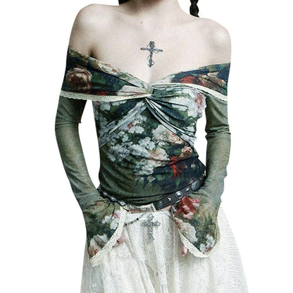vmtvr grunge dti American Retro Oil Painting Printing Online off-Neck Long-Sleeved Shirt Women's Slim Fit Slimming Summer New