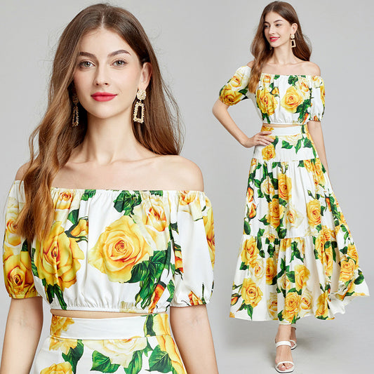 638 new color, one-word collar off-the-shoulder short tube top + high-waisted skirt two-piece set, fashion suit