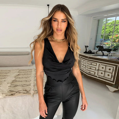 vmtvr going out outfits 2024 Summer Sexy Camisole Slim-Fit Deep V Sleeveless Ruffled Top for Women