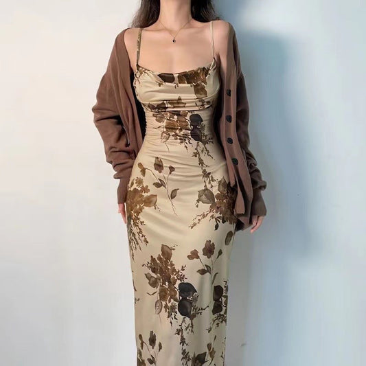 vmtvr y2k outfits French Style Light Mature Artistic Conception Oil Painting Retro Dress Swing Collar Slim Waist Strap Mid-Length Elegant New Chinese Style