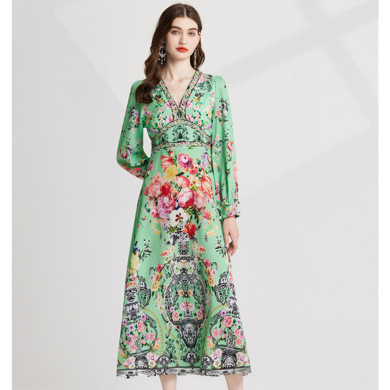 Real shot, summer new  positioning printing, heavy industry hot diamond, slim long-sleeved dress fashion temperament