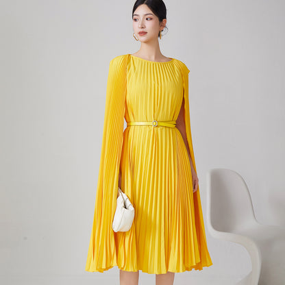 2025 Hot trade pleated dress women's high-end new irregular cloak loose lace-up medium and long dress skirt tide