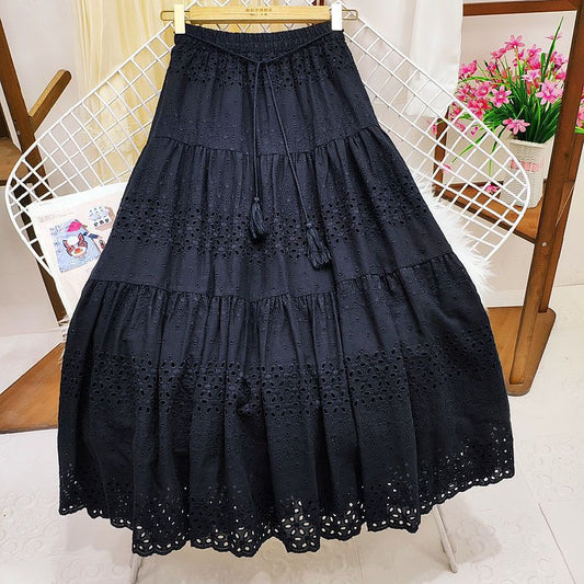 vmtvr skirt outfits 2024 Spring Heavy-Duty Lace Skirt Women's High Waist Stitching Crocheted Fairy Large Swing A- line Midi Skirt Summer