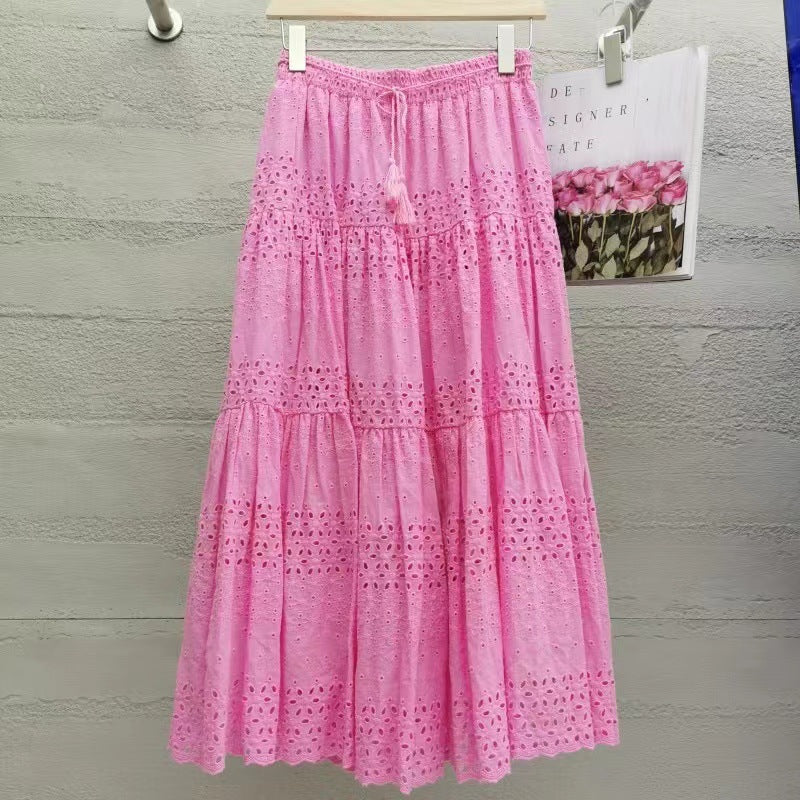 vmtvr skirt outfits 2024 Spring Heavy-Duty Lace Skirt Women's High Waist Stitching Crocheted Fairy Large Swing A- line Midi Skirt Summer