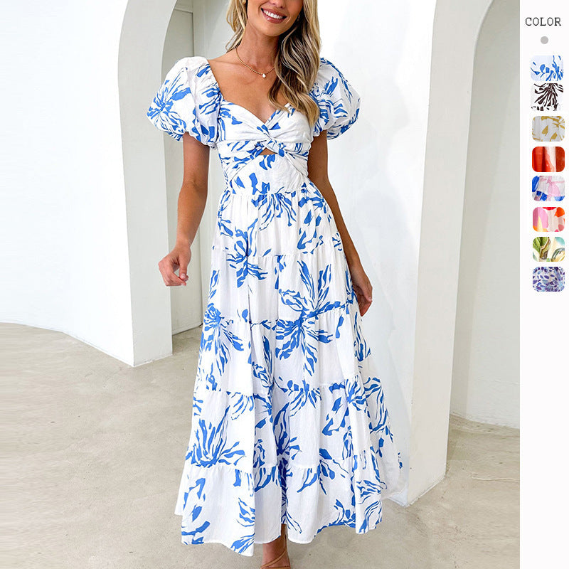 vmtvr summer outfits inspo Spring and Summer New Elegant Slim Print Puff Sleeve Large Swing High-End Dress Women