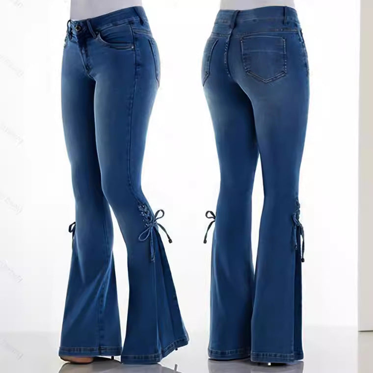 vmtvr summer outfits inspo Women's Jeans Mid-Waist Lace-up Denim Trousers Stretch Jeans Women's Flared Pants Denim