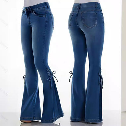 vmtvr summer outfits inspo Women's Jeans Mid-Waist Lace-up Denim Trousers Stretch Jeans Women's Flared Pants Denim
