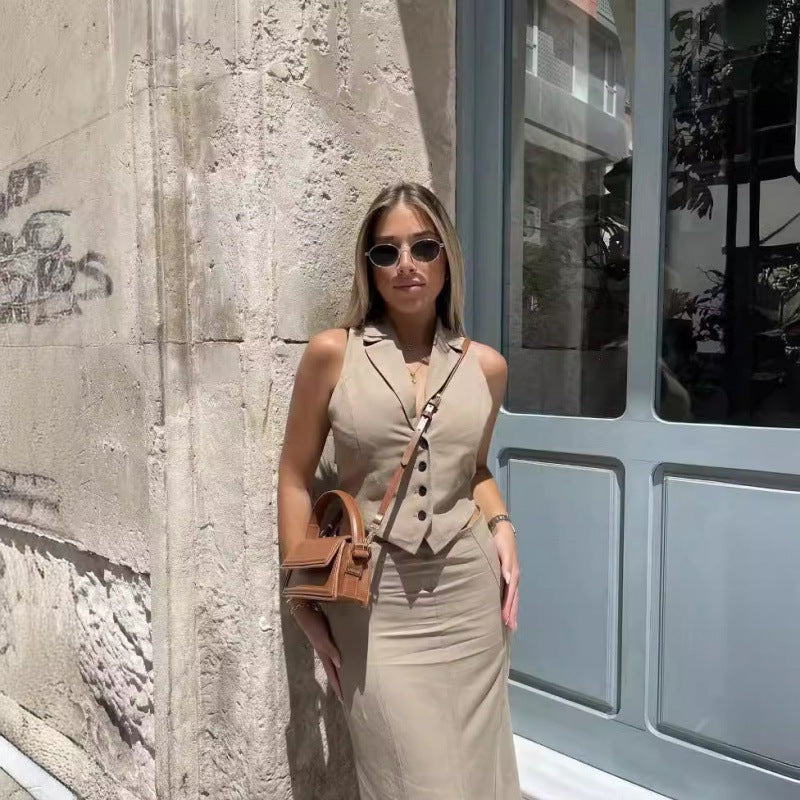 vmtvr business casual outfits for women 2024 Summer New American Hot Girl Back Opening Design Vest High Waist Fishtail Skirt Mid-Length Skirt Suit
