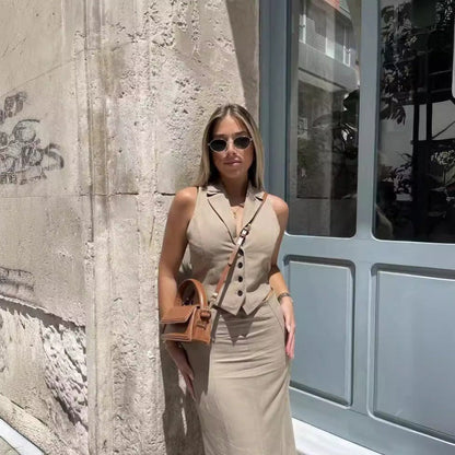vmtvr business casual outfits for women 2024 Summer New American Hot Girl Back Opening Design Vest High Waist Fishtail Skirt Mid-Length Skirt Suit