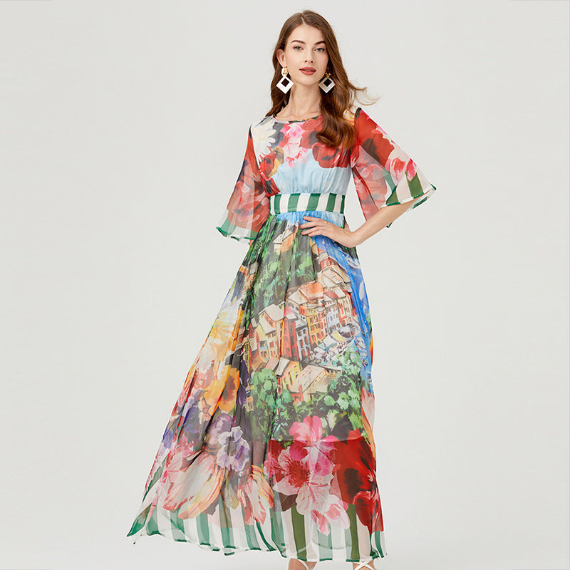 Real summer new product printing sexy backless straps slim high waist dress big pendulum A-shaped skirt short sleeves