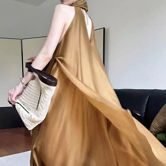 2025 popular summer champagne gold elegant loose A-shaped skirt simple streamer turtleneck sleeveless vacation dress