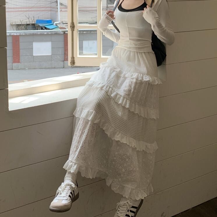 vmtvr outfit White High Waist Skirt 2024 Spring and Summer New Fashion Cute Princess Style A- line Skirt Mid-Length Skirt White Gentle Style