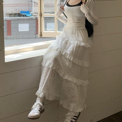 vmtvr outfit White High Waist Skirt 2024 Spring and Summer New Fashion Cute Princess Style A- line Skirt Mid-Length Skirt White Gentle Style