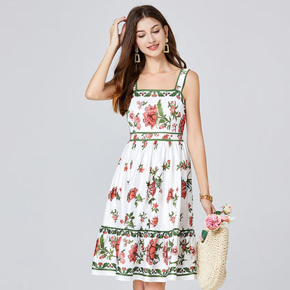 Real shot, summer new product positioning printed slim-fitting suspender dress, high-waisted vest A-shaped skirt