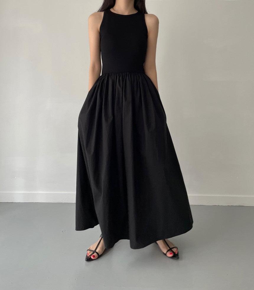 vmtvr - Elegant Round Neck Waist Slim Pleated Long Dress