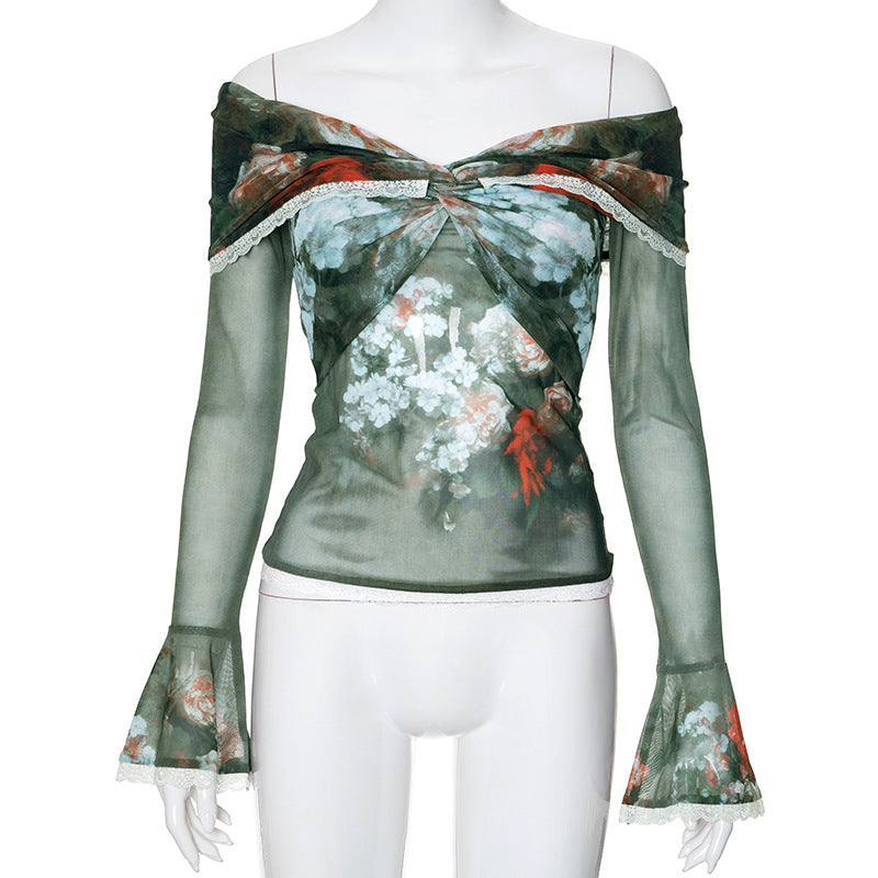 vmtvr grunge dti American Retro Oil Painting Printing Online off-Neck Long-Sleeved Shirt Women's Slim Fit Slimming Summer New