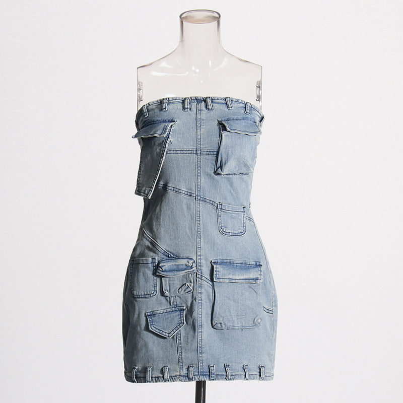 vmtvr 2000s dti Personalized Street Denim Hip Skirt  Spring New Solid Color Stitching Multi-Pocket Tube Top High Waist Dress Women