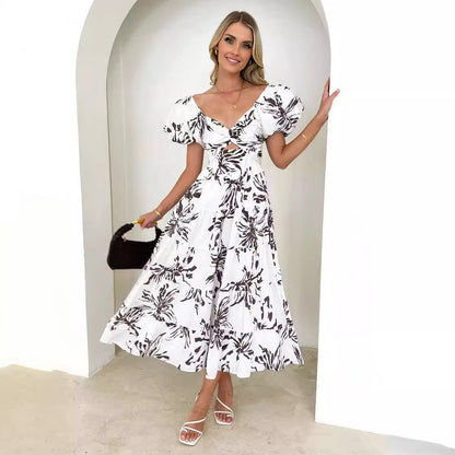 vmtvr summer outfits inspo Spring and Summer New Elegant Slim Print Puff Sleeve Large Swing High-End Dress Women