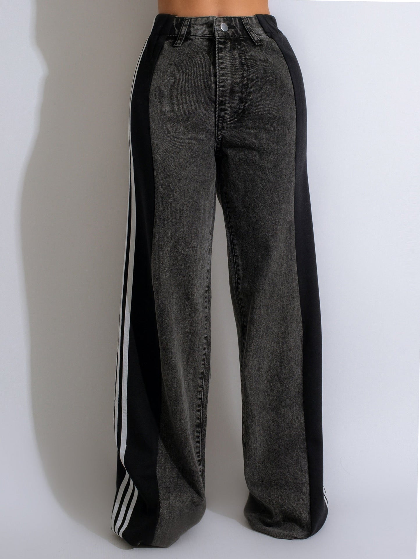 vmtvr 2000s fashion 2024 Summer Fashion Stitching Three Striped Wide Leg Denim Trousers Women's New Casual High Waist Stretch Straight Pants