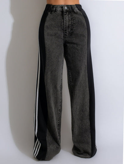 vmtvr 2000s fashion 2024 Summer Fashion Stitching Three Striped Wide Leg Denim Trousers Women's New Casual High Waist Stretch Straight Pants