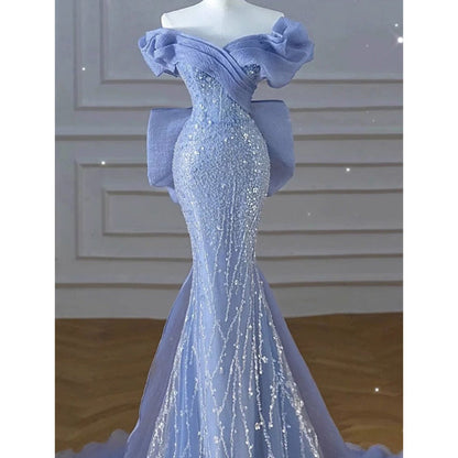 vmtvr dresses off-Shoulder Blue Evening Dress High-End Light Luxury Niche Fishtail Sequined Host High-Grade Trailing Vocal Music