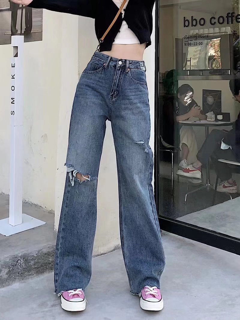 vmtvr outfit inspo Light Blue Women's Wide-Leg Jeans Summer New Fashion High Waist Loose Micro-Pull Mop Pants Ins