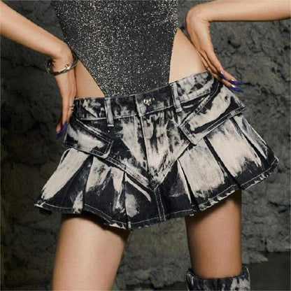 vmtvr concert outfit dress to impress Street American Washed Gradient Denim Skirt 2024 Spring and Summer New Hot Girl Sexy Pleated Skirt Women's Skirt