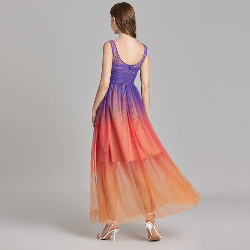 Real shot, summer new 9 meters double mesh yarn gradual change tube top vest slim high waist skirt, headscarf