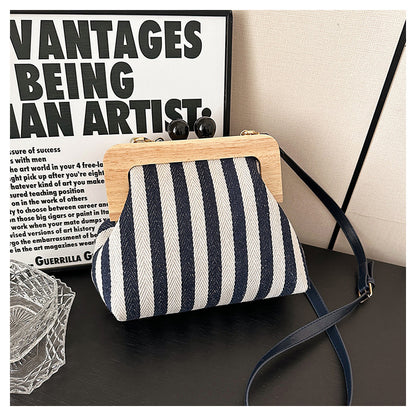 VMTVR 2025  new women's bag striped canvas wooden clip clutch bag fashionable and exquisite Internet celebrity same shoulder messenger bag