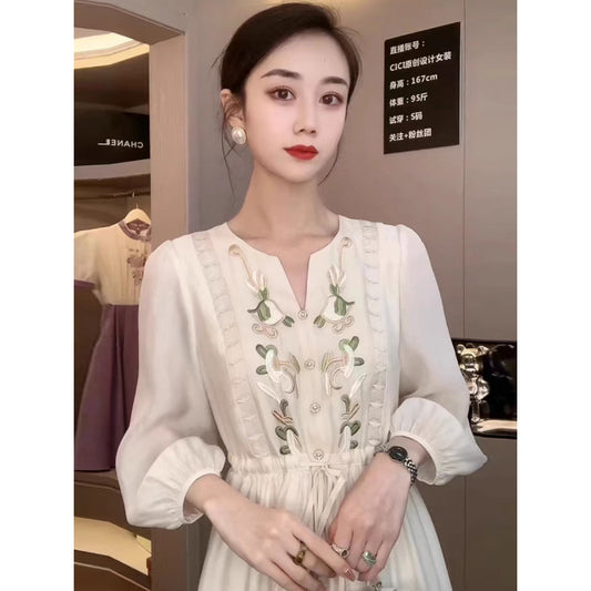 New Chinese style national style heavy industry embroidery dress  summer new women's loose and thin temperament embroidered long skirt