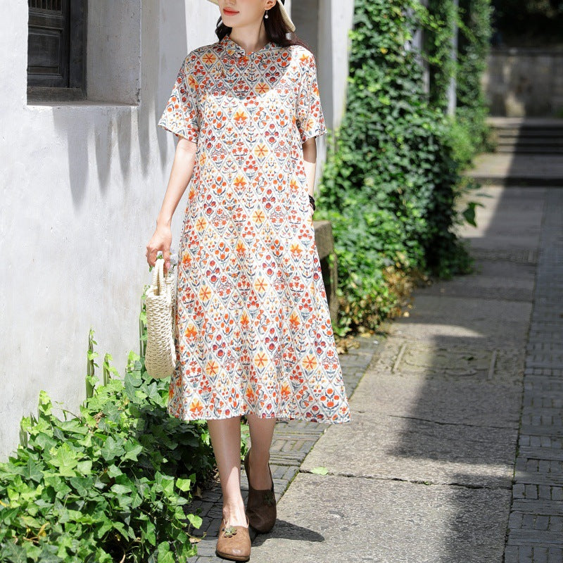 summer new cotton and linen dress travel literary retro improved cheongsam thin loose and thin dress women