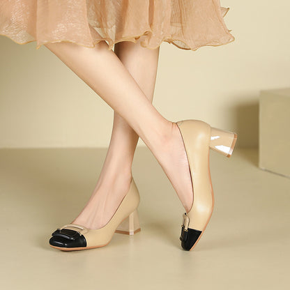 2025 5299-A7 color matching thick heel square buckle shoes women's  light mouth middle heel square head single shoes women's wedding shoes dress bridesmaid shoes