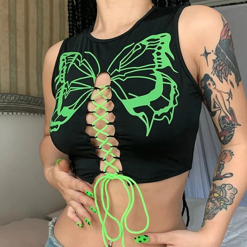 vmtvr grunge outfits Top Women's Summer New Fashion Sexy Printed Lace-up Cropped Hollow round Neck Vest