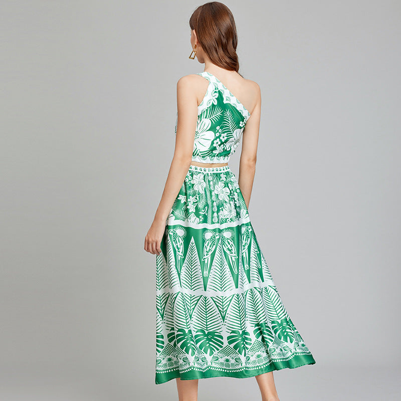 Real shot, summer new product asymmetrical design slanted shoulder suspender top + elastic waist skirt, two-piece set
