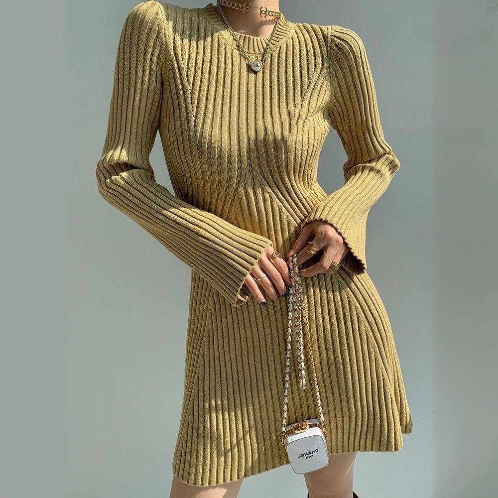 vmtvr fall outfits 2024 Women's Fashion Slim-Fit Knitted Dress Women's Autumn and Winter 2024 Inner Base Flared Sleeve Sweater Dress