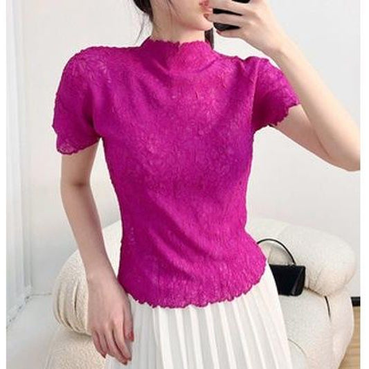 2025 basic hot-selling short-sleeved top women's summer slim-fitting high-end sense fashion temperament semi-turtleneck versatile T-shirt