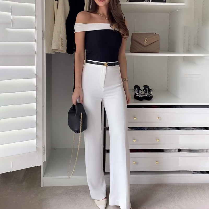 vmtvr work outfits women Summer 2024 New off-Shoulder Contrast Color Fashion Straight Trousers Two-Piece Set