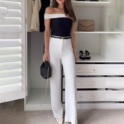 vmtvr work outfits women Summer 2024 New off-Shoulder Contrast Color Fashion Straight Trousers Two-Piece Set