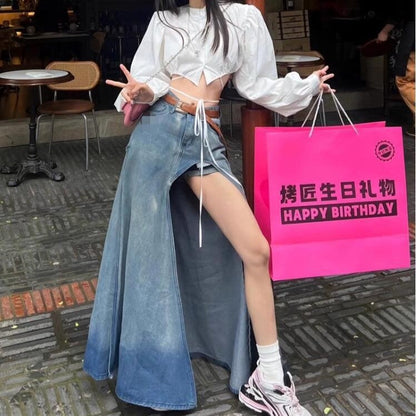 vmtvr 2000s fashion Large Slit Denim Skirt Women's Summer American Retro Niche Irregular High Waist Dress