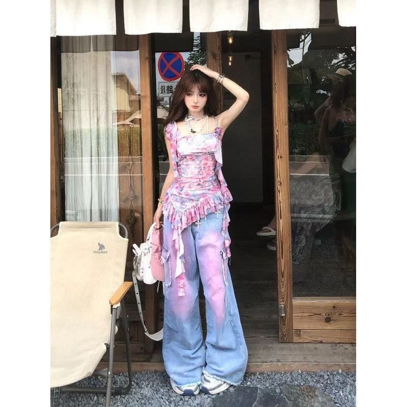 vmtvr 2000s fashion American Retro Rendering Workwear Jeans Women's Summer High Street High Waist Loose Slimming Wide Leg Mopping Pants