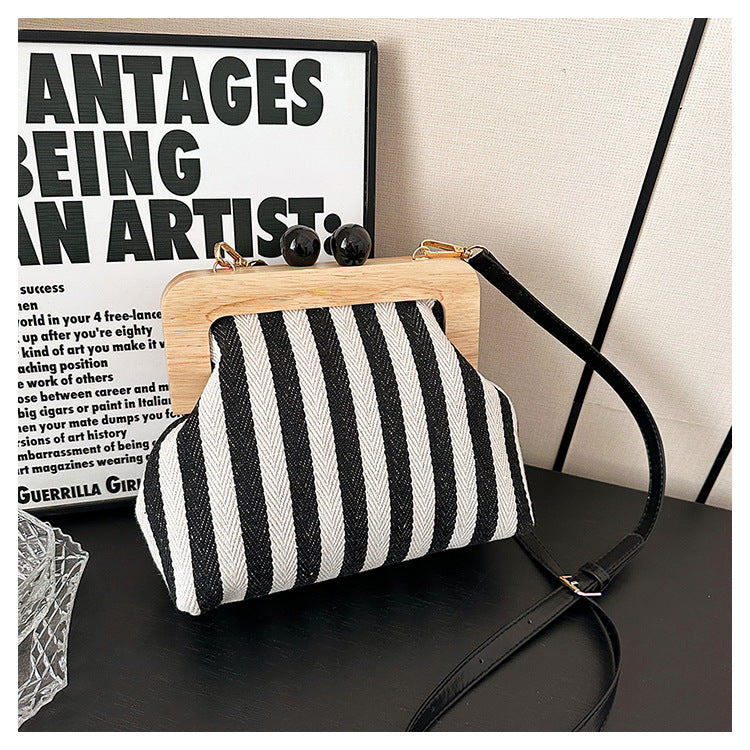 VMTVR 2025  new women's bag striped canvas wooden clip clutch bag fashionable and exquisite Internet celebrity same shoulder messenger bag