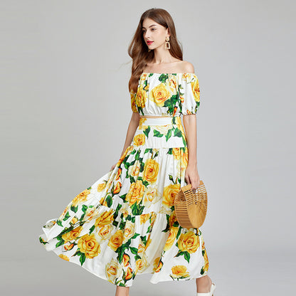 638 new color, one-word collar off-the-shoulder short tube top + high-waisted skirt two-piece set, fashion suit