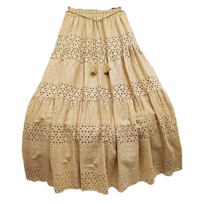 vmtvr skirt outfits 2024 Spring Heavy-Duty Lace Skirt Women's High Waist Stitching Crocheted Fairy Large Swing A- line Midi Skirt Summer